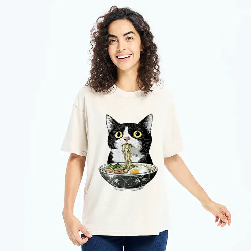 Cute Cat Eating Ramen Washed T-Shirt