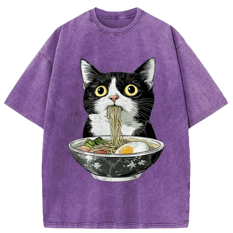 Washed Unisex Cat Ramen T-Shirt for Gift