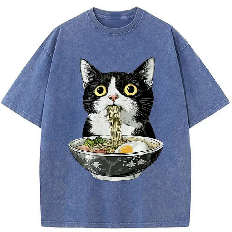 Washed Unisex Cat Ramen T-Shirt for Gift