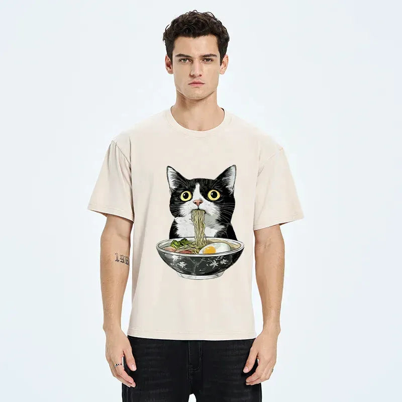 Cute Cat Eating Ramen Washed T-Shirt