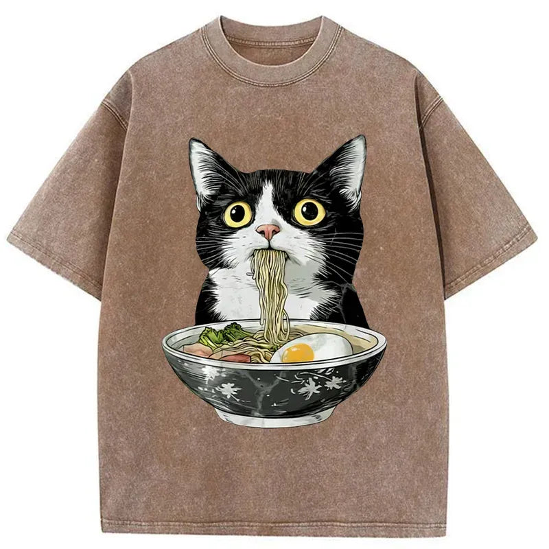Cute Cat Eating Ramen Washed T-Shirt