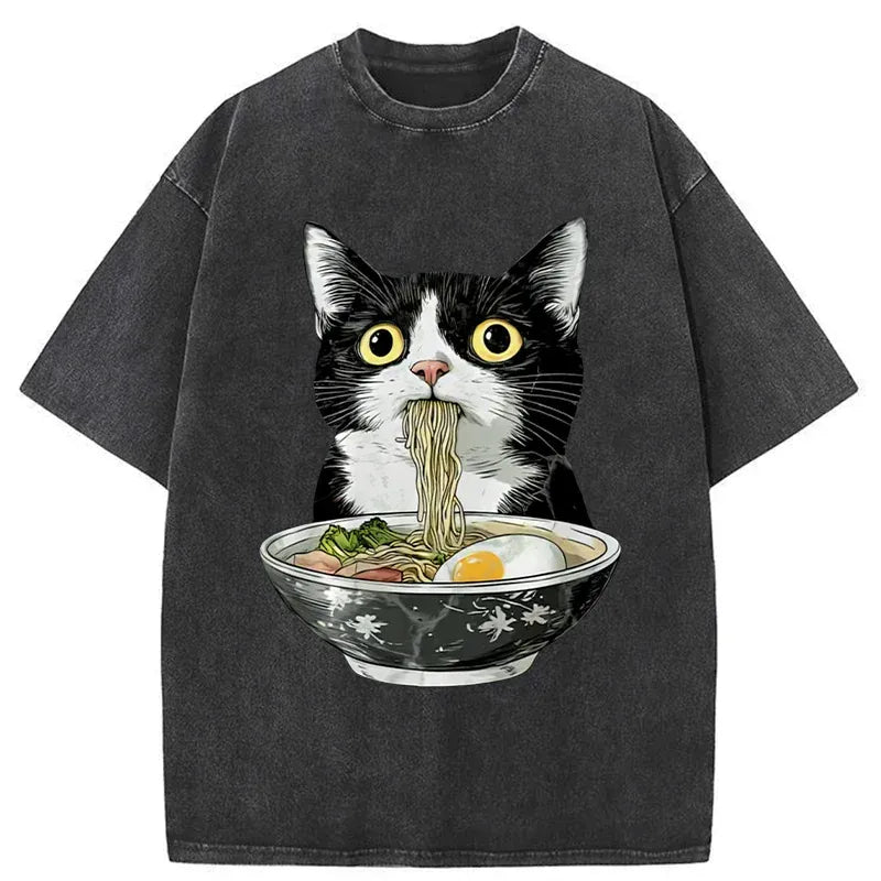 Washed Unisex Cat Ramen T-Shirt for Gift