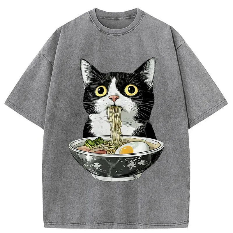 Washed Unisex Cat Ramen T-Shirt for Gift