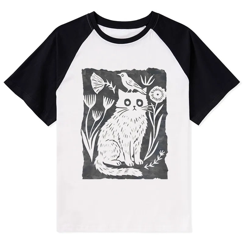 Kyoto-Lion Folk Paper Cut Cat Bird Floral Art Raglan T-shirt