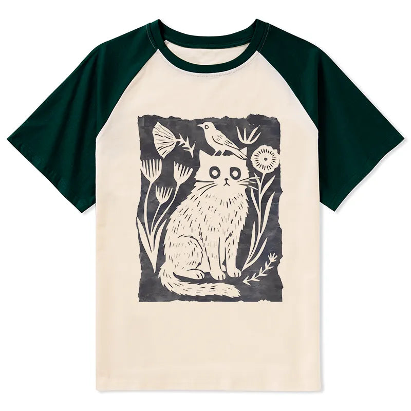 Kyoto-Lion Folk Paper Cut Cat Bird Floral Art Raglan T-shirt