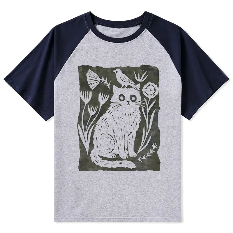 Kyoto-Lion Folk Paper Cut Cat Bird Floral Art Raglan T-shirt