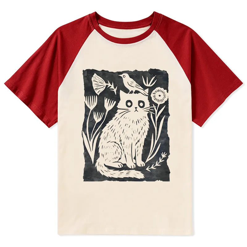 Kyoto-Lion Folk Paper Cut Cat Bird Floral Art Raglan T-shirt