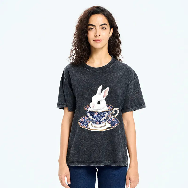 Kyoto-Lion Cute Rabbit Tea Set Washed T-Shirt