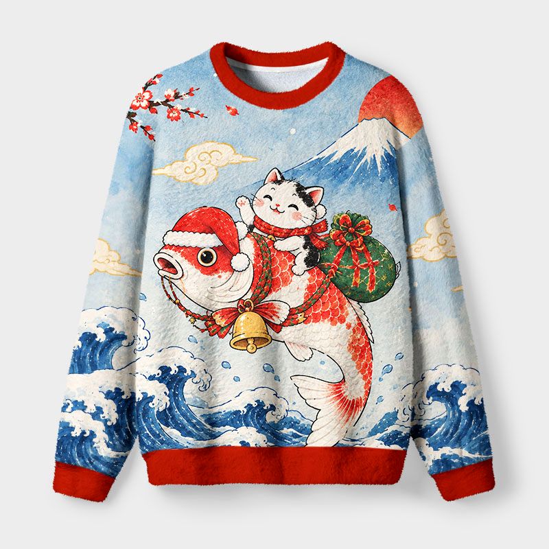 Kyoto-Lion Cat Ride Koi Fuzzy Christmas Ugly Sweatshirt