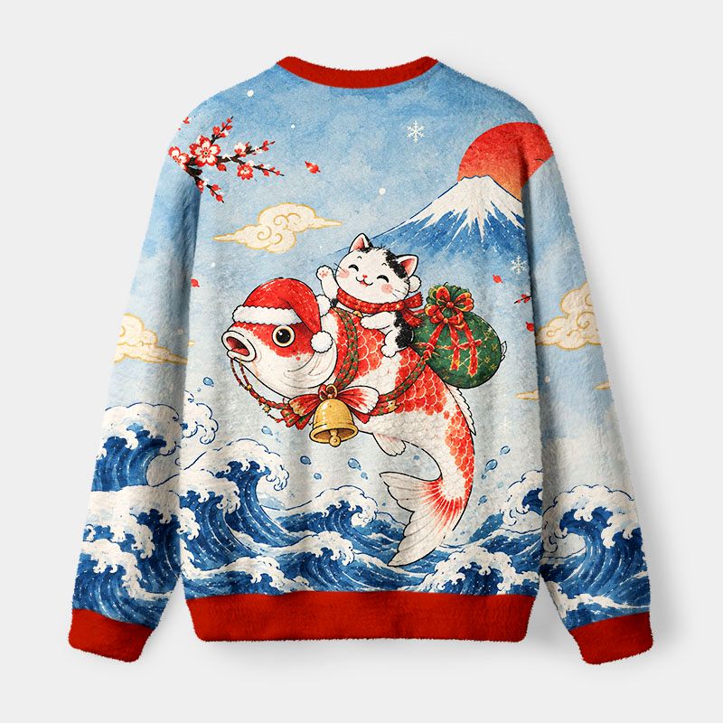 Kyoto-Lion Cat Ride Koi Fuzzy Christmas Ugly Sweatshirt