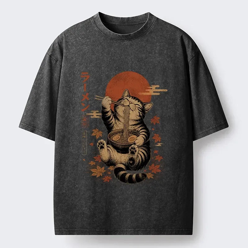 Kyoto-Lion Vintage Japanese Art Of Ramen Eating Cat Washed T-Shirt