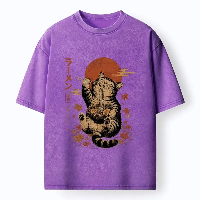 Kyoto-Lion Vintage Japanese Art Of Ramen Eating Cat Washed T-Shirt