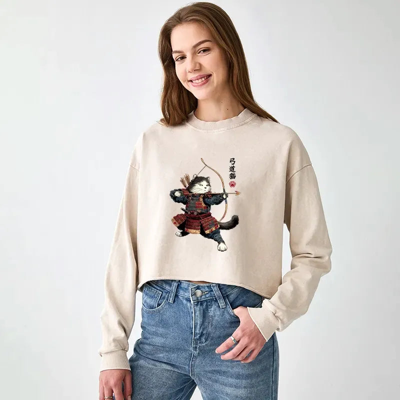 Kyoto-Lion Kyudo Samurai Cat Washed Crop Sweatshirt