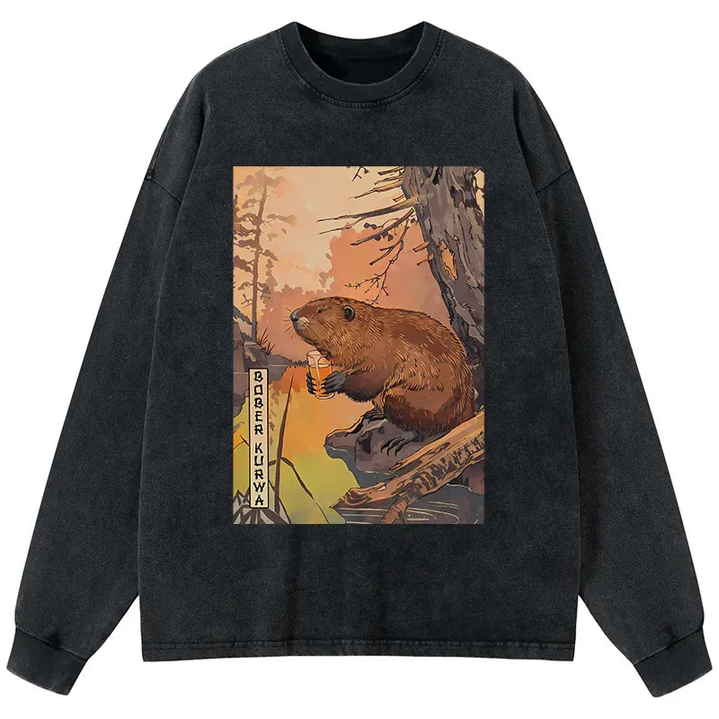 Kyoto-Lion Beaver By The River Washed Long Sleeve T-Shirt