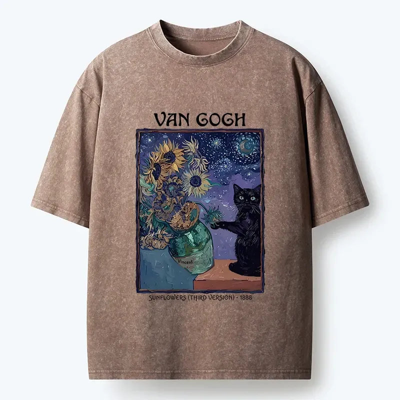 Kyoto-Lion Art Mix Sunflower Starry Cat Print Washed T-Shirt