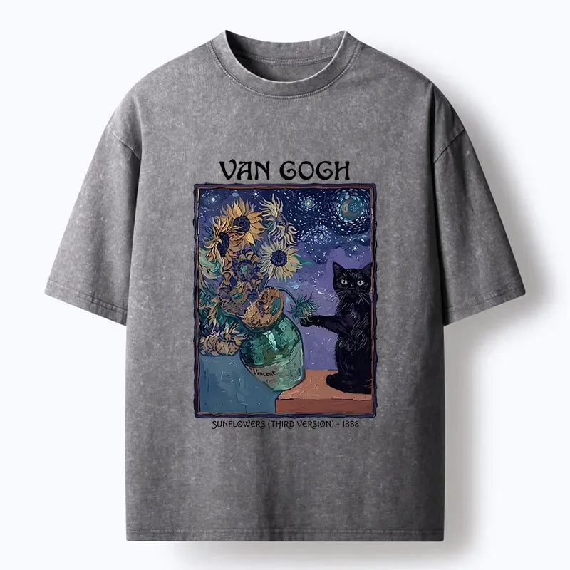 Kyoto-Lion Art Mix Sunflower Starry Cat Print Washed T-Shirt