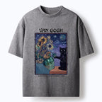 Kyoto-Lion Art Mix Sunflower Starry Cat Print Washed T-Shirt