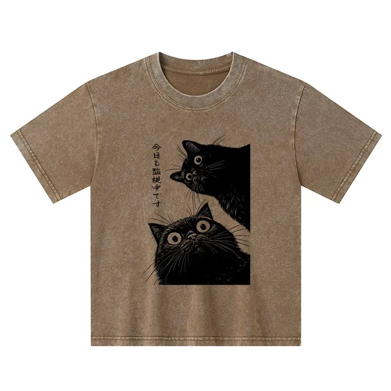 Kyoto-Lion The Cat Is Watching Today Kids Washed T-Shirt