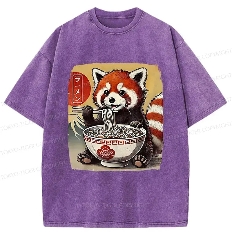 Washed Unisex T-Shirt with Cute Raccoon Eating Ramen