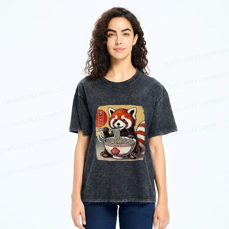 Kyoto-Lion Cute Raccoon Eating Ramen Funny Japanese Washed T-Shirt