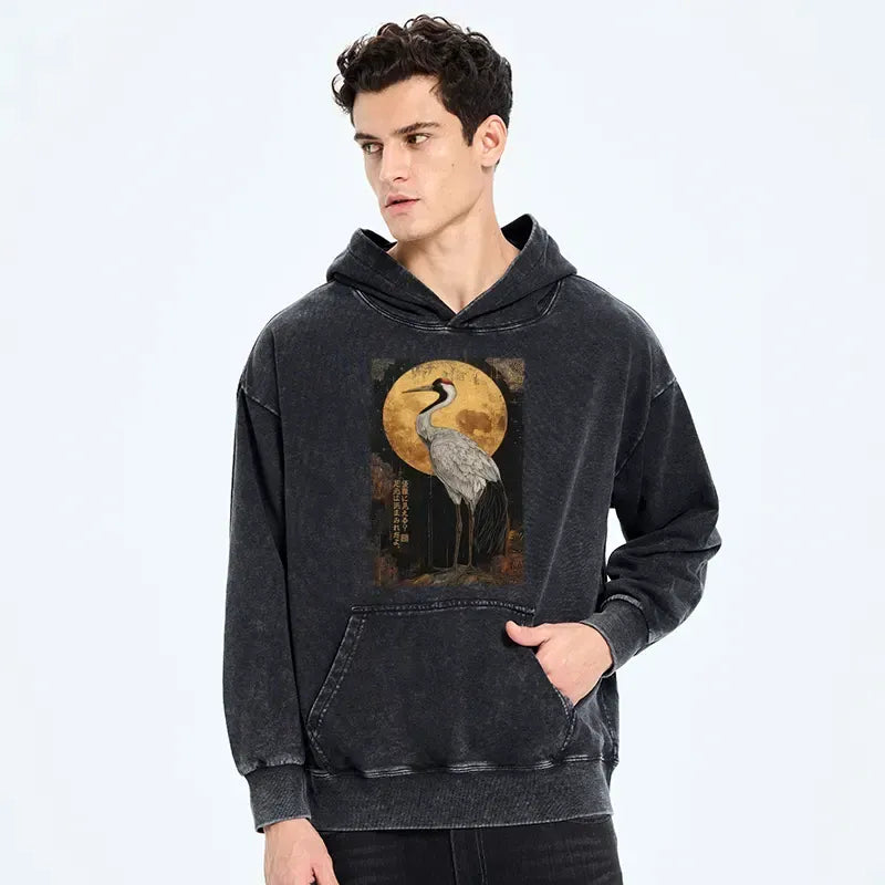 Kyoto-Lion Vintage Japanese Crane Kanji Washed Hoodie