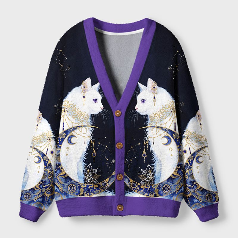 Kyoto-Lion Moon Star Cat Ugly Cardigan Sweater
