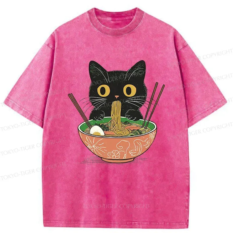 Kyoto-Lion Black Cat Steals Ramen Washed T-Shirt
