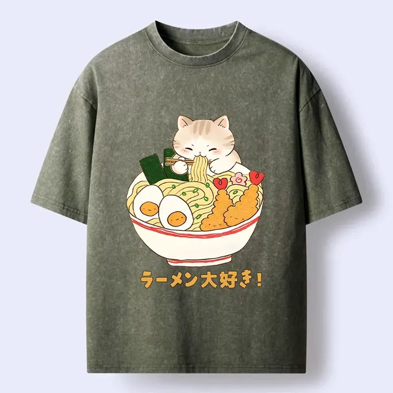 Tokyo?Tiger Funny Cat Loves Ramen Washed T?-Shirt