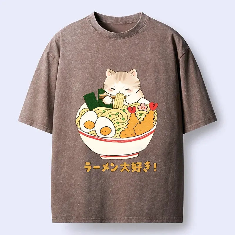 Tokyo?Tiger Funny Cat Loves Ramen Washed T?-Shirt