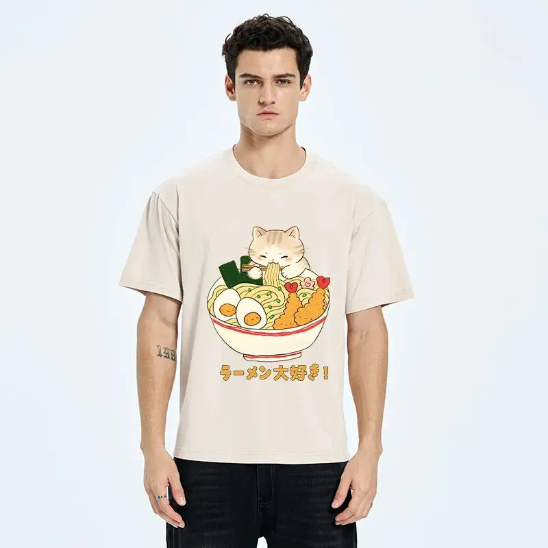 Tokyo?Tiger Funny Cat Loves Ramen Washed T?-Shirt