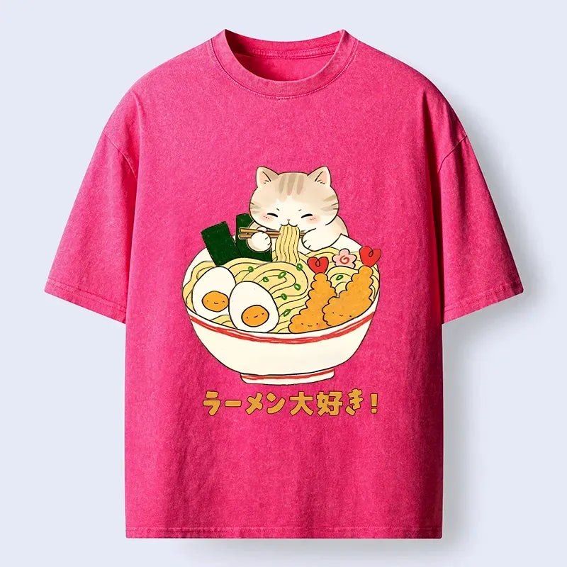 funny cat ramen washed t-shirt