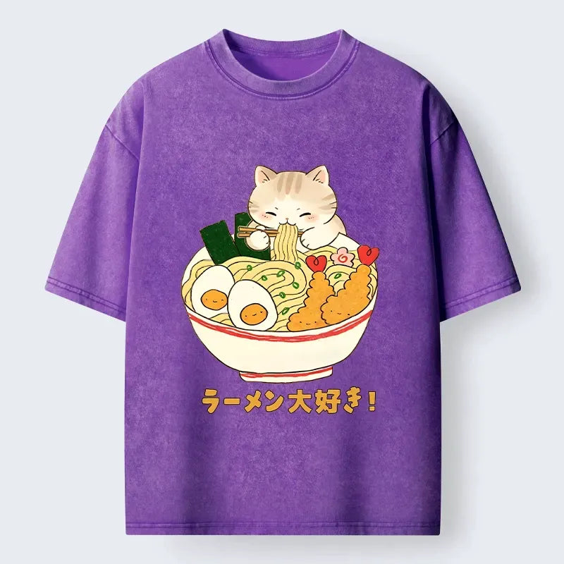 Tokyo?Tiger Funny Cat Loves Ramen Washed T?-Shirt