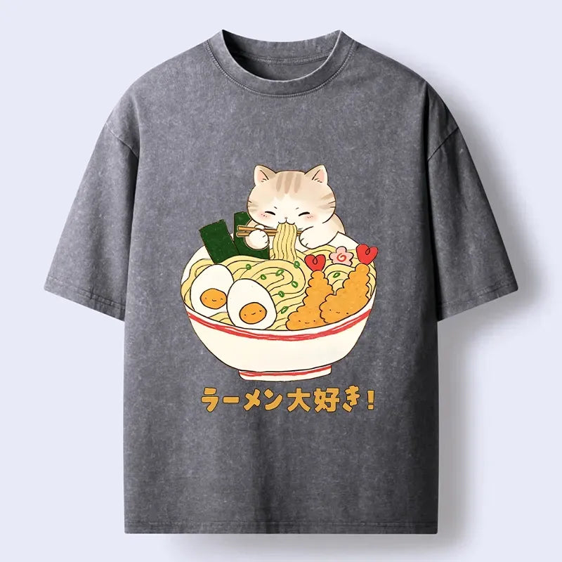 Tokyo?Tiger Funny Cat Loves Ramen Washed T?-Shirt