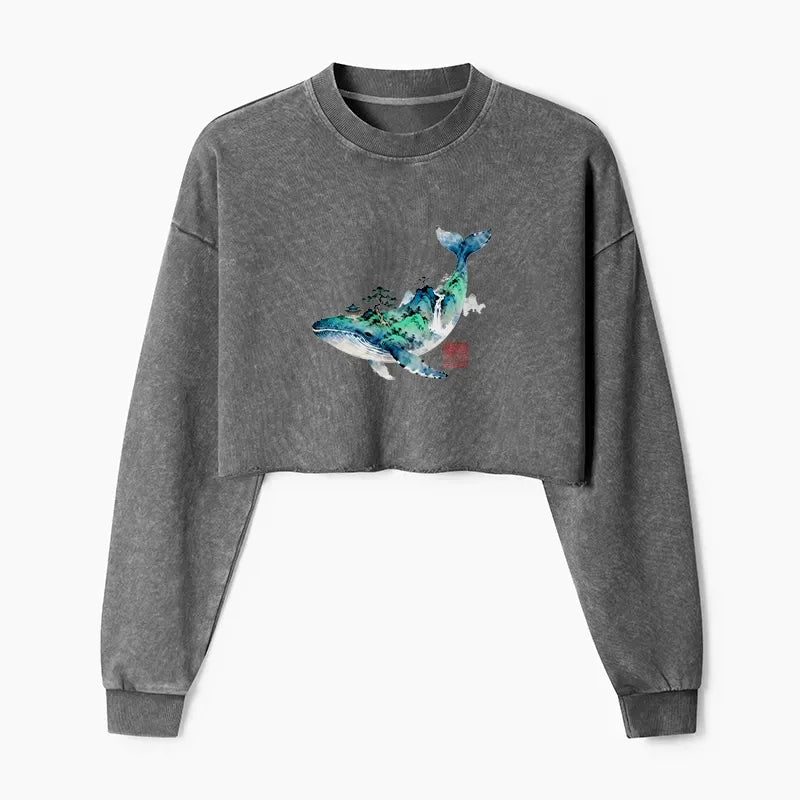 Whale Ink Painting Crop Sweatshirt with Free Shipping