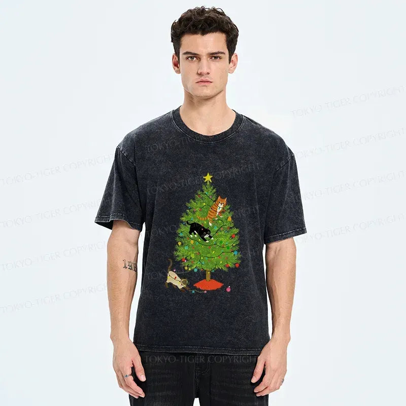 Kyoto-Lion Cats Playing On The Christmas Tree Washed T-Shirt