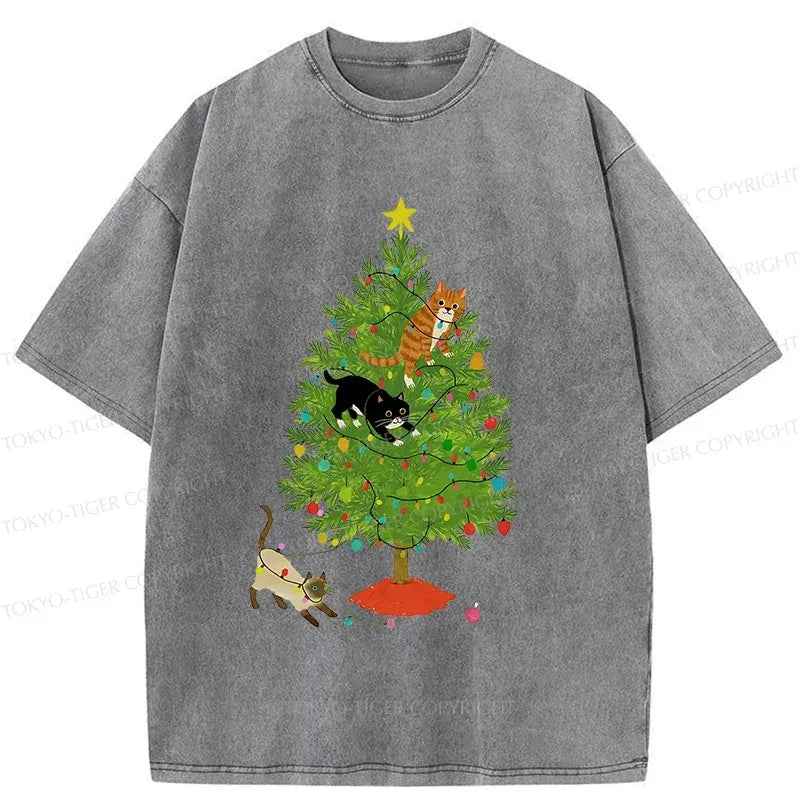 Kyoto-Lion Cats Playing On The Christmas Tree Washed T-Shirt
