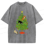 Kyoto-Lion Cats Playing On The Christmas Tree Washed T-Shirt
