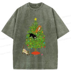 Kyoto-Lion Cats Playing On The Christmas Tree Washed T-Shirt