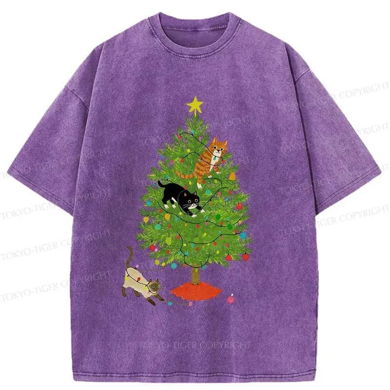Kyoto-Lion Cats Playing On The Christmas Tree Washed T-Shirt