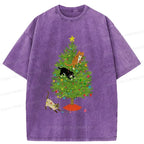 Kyoto-Lion Cats Playing On The Christmas Tree Washed T-Shirt