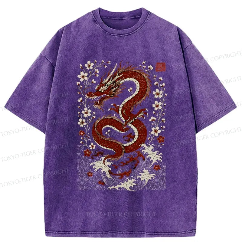 Kyoto-Lion Retro Dragon And Sakura Washed T-Shirt