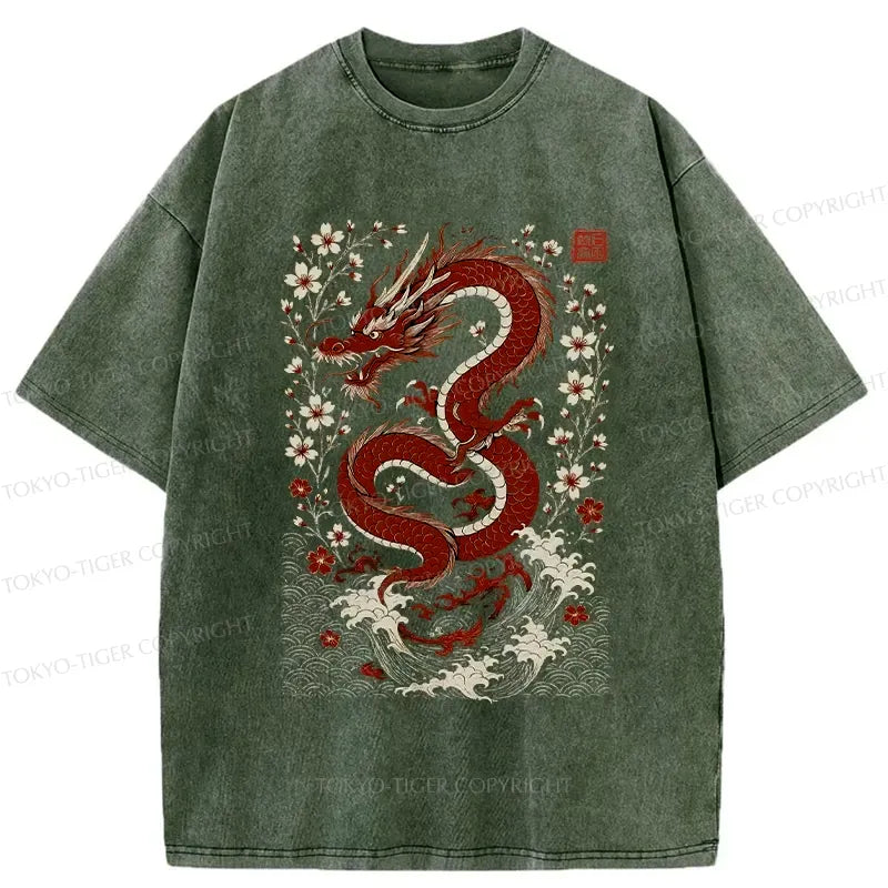 Kyoto-Lion Retro Dragon And Sakura Washed T-Shirt