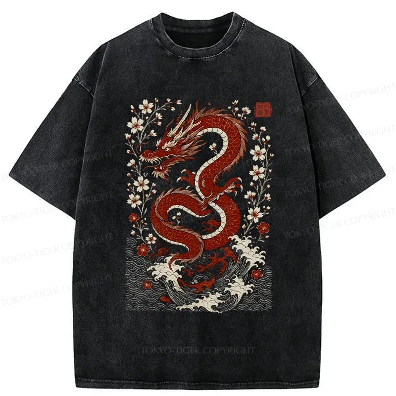 Kyoto-Lion Retro Dragon And Sakura Washed T-Shirt