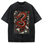 Kyoto-Lion Retro Dragon And Sakura Washed T-Shirt