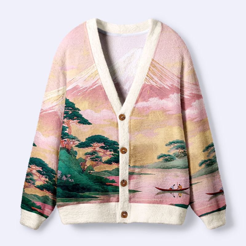 Kyoto-Lion Japanese Ukiyo-e Pink Gold Mount Fuji Landscape Ugly Cardigan Sweater