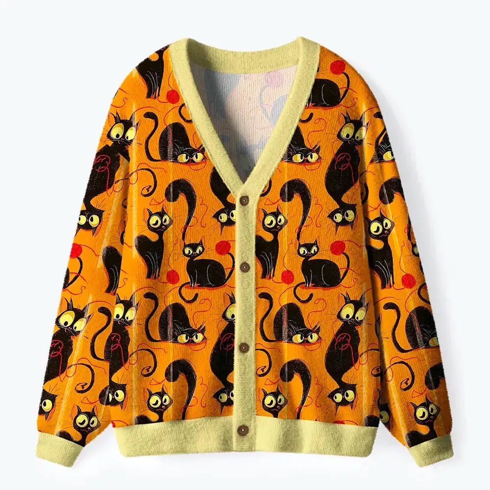 Kyoto-Lion Prowling Cats And Tangled Threads Ugly Cardigan Sweater