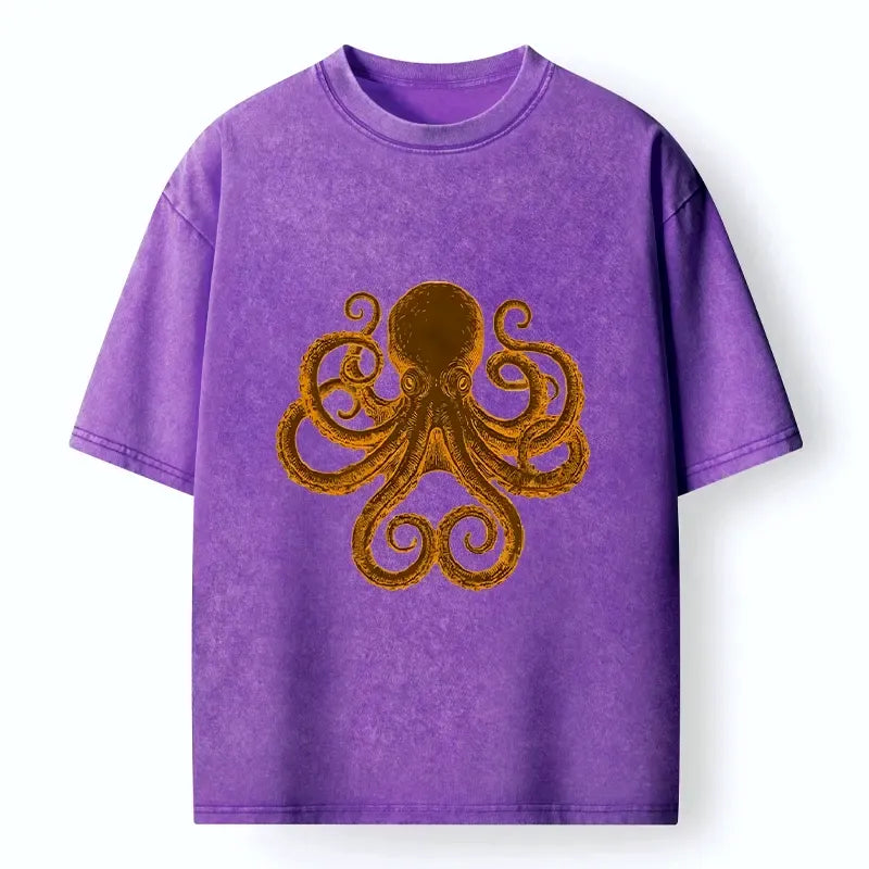 Kyoto-Lion Vintage Golden Octopus Ocean Relief Art Washed T-Shirt