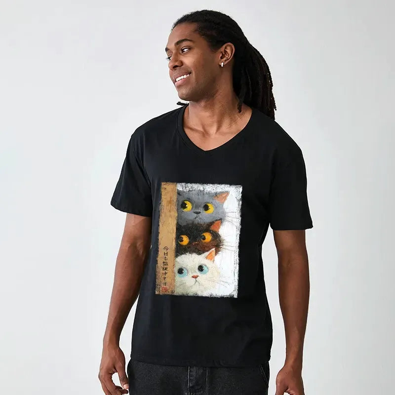 Japanese Three Cute Cats V-Neck T-Shirt