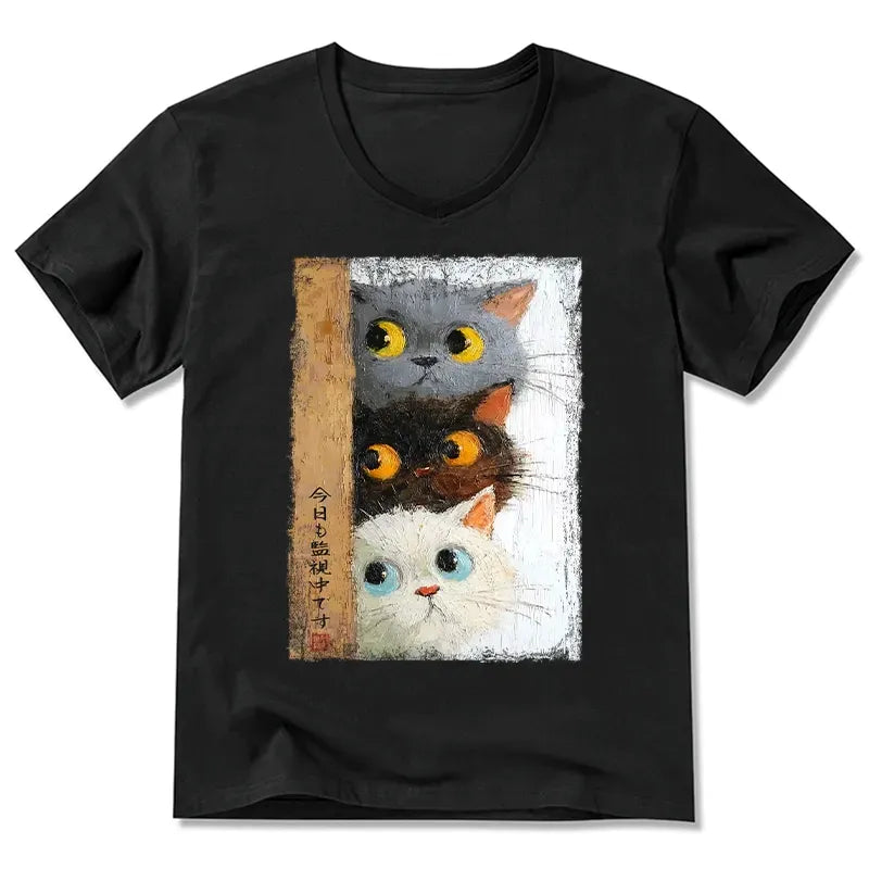 Japanese Three Cute Cats V-Neck T-Shirt