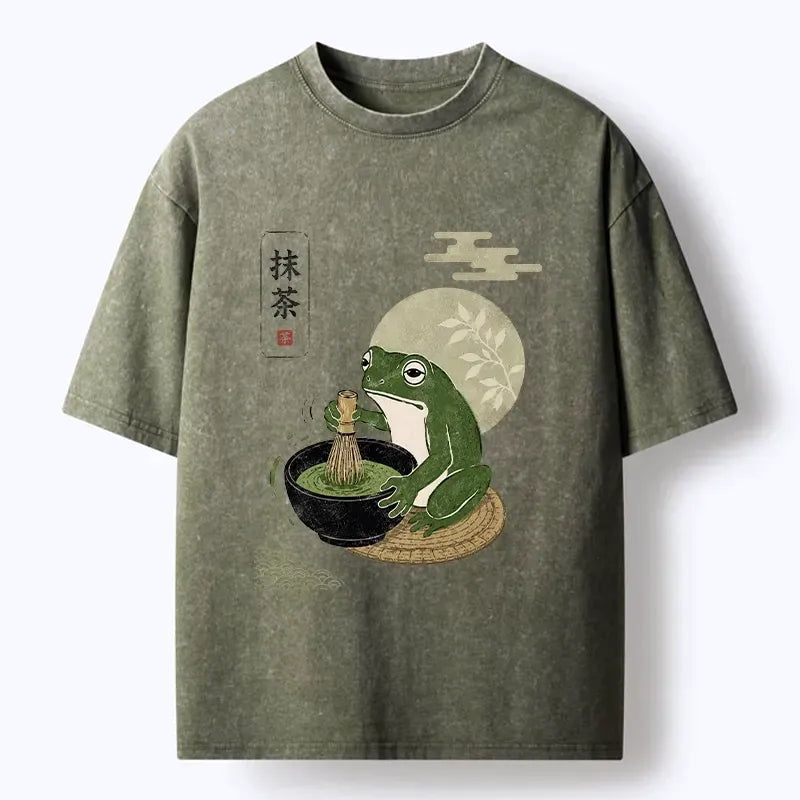 Kyoto-Lion Funny Meme Frog Makes Fresh Matcha Bowl Washed T-Shirt